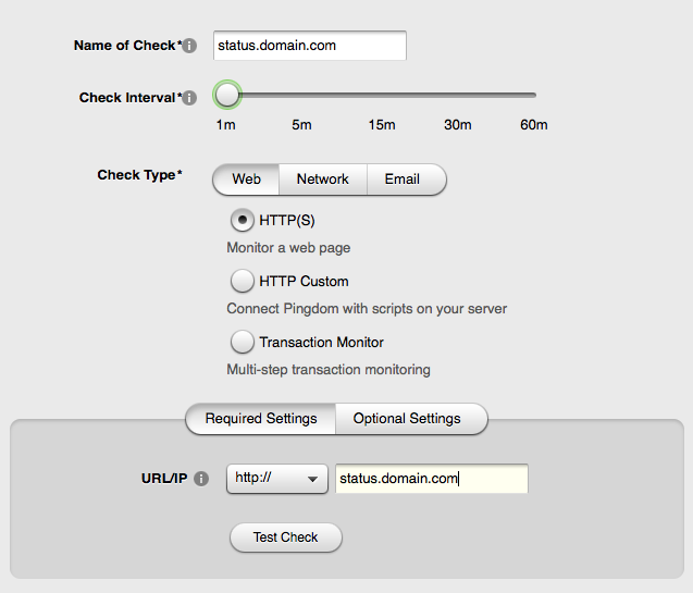 Screenshot of Pingdom's new check creation