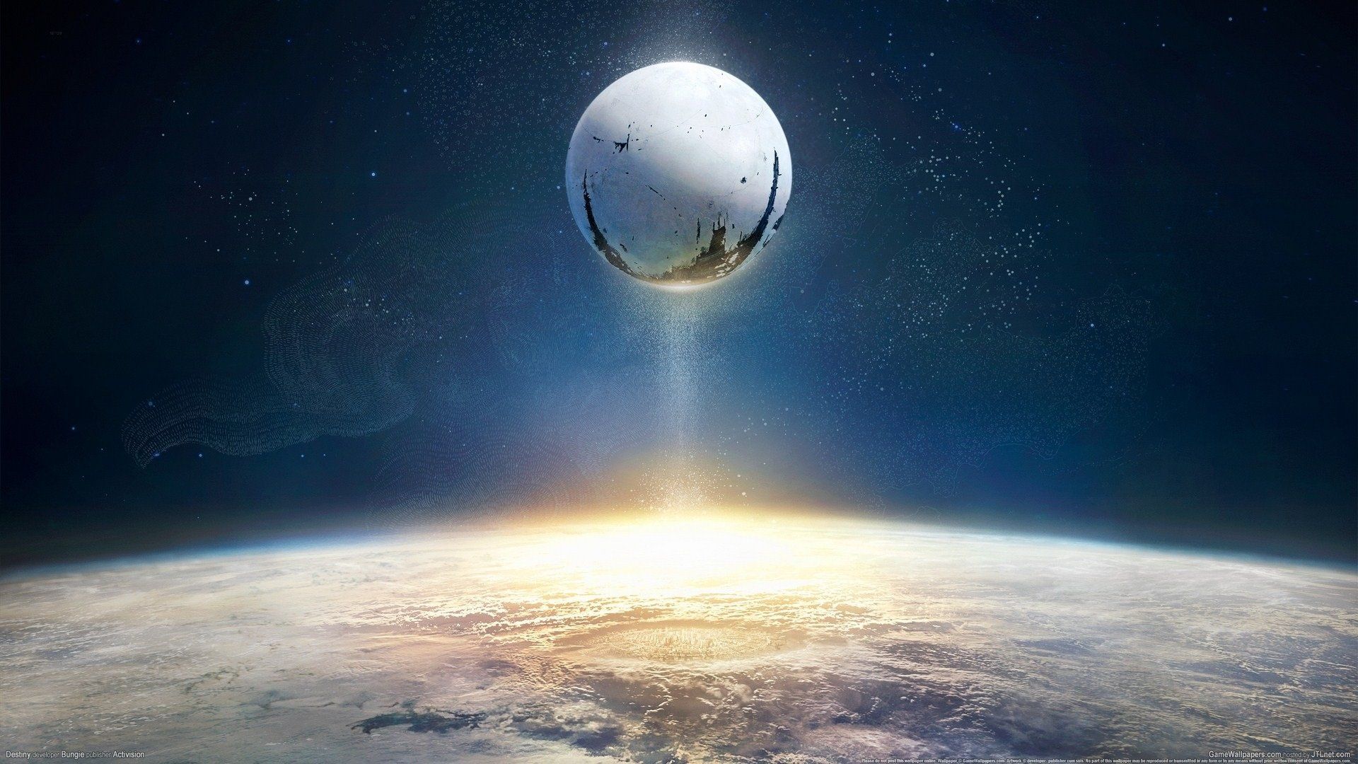 Sliver of planet earth with The Traveler hovering above it.