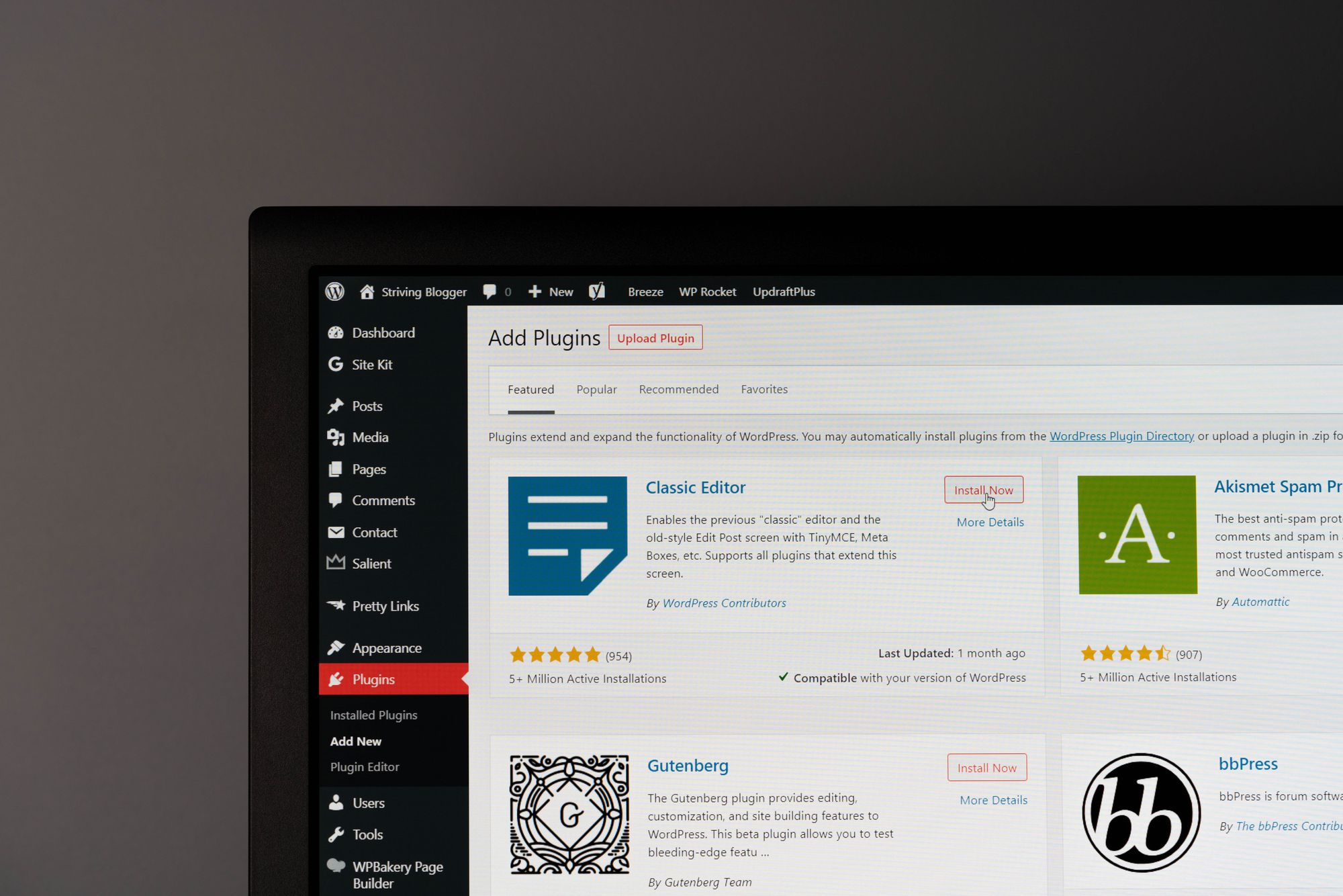 Screenshot of Plugins page in WordPress.