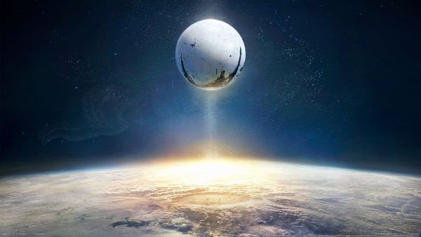 Sliver of planet earth with The Traveler hovering above it.